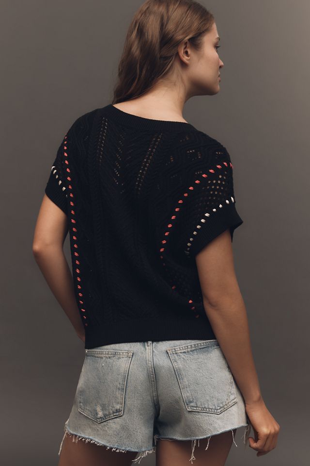 Central Park West Short-Sleeve Crew-Neck Open-Stitch Sweater #1