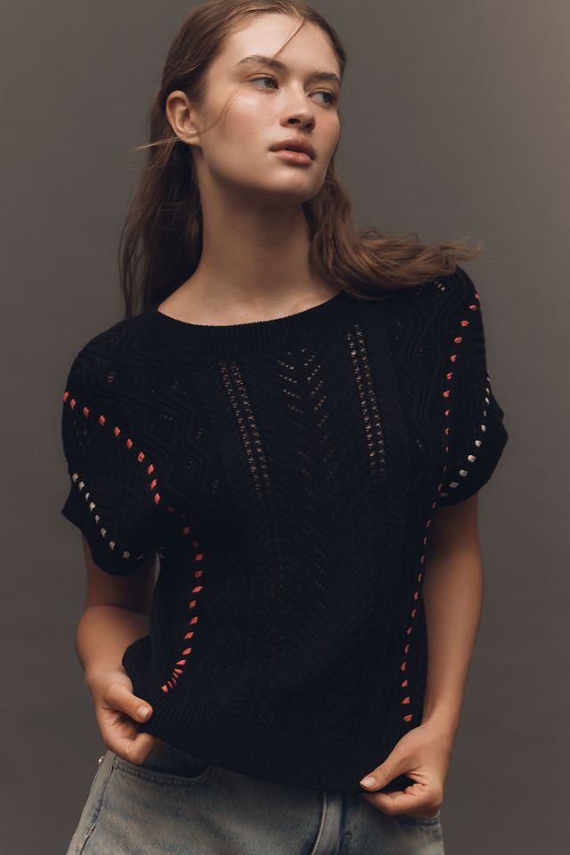 Central Park West Short-Sleeve Crew-Neck Open-Stitch Sweater #3