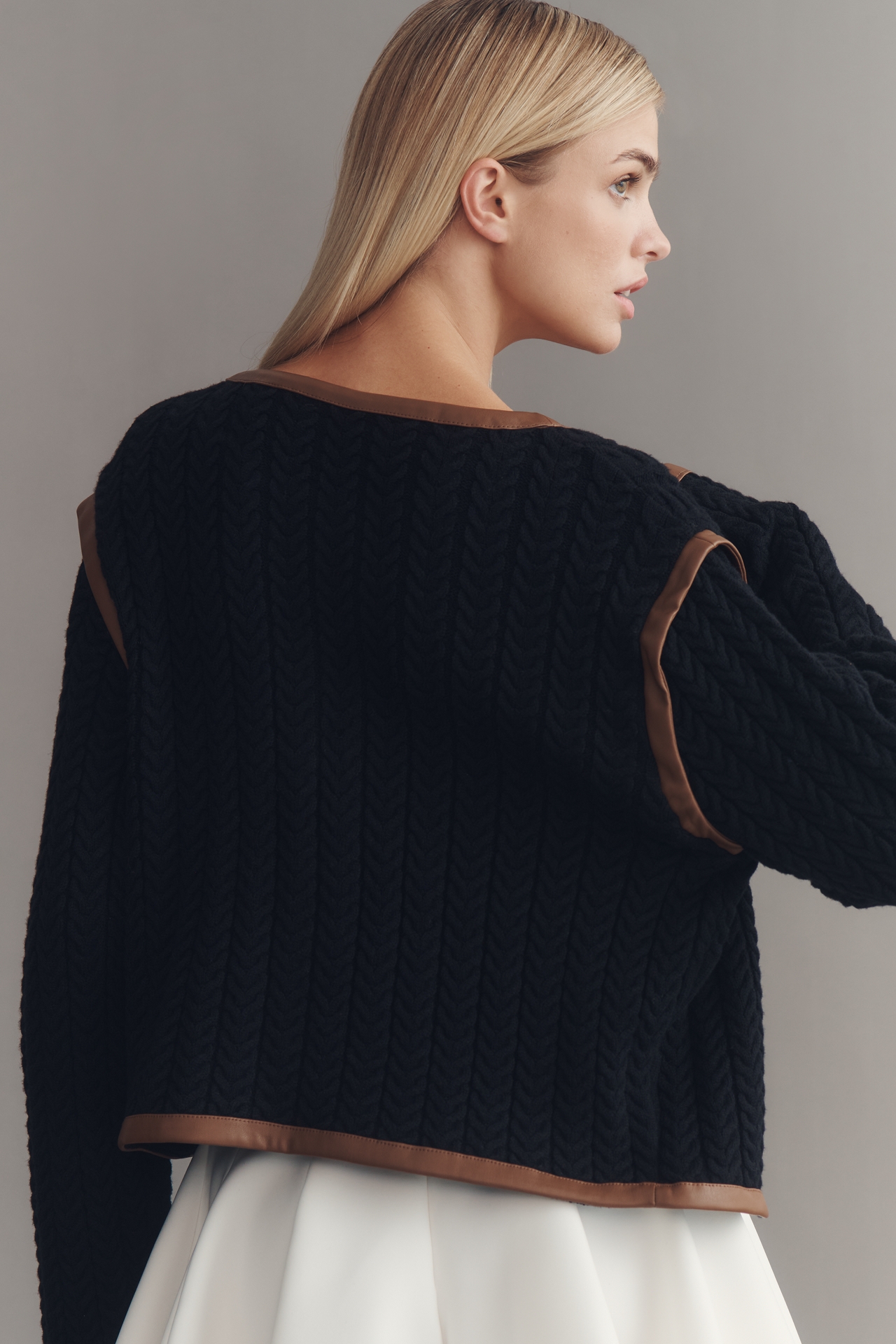 Central Park West Faux-Leather Trim Cardigan Sweater