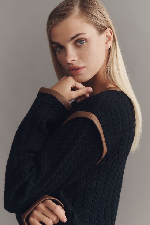 Central Park West Faux-Leather Trim Cardigan Sweater #3
