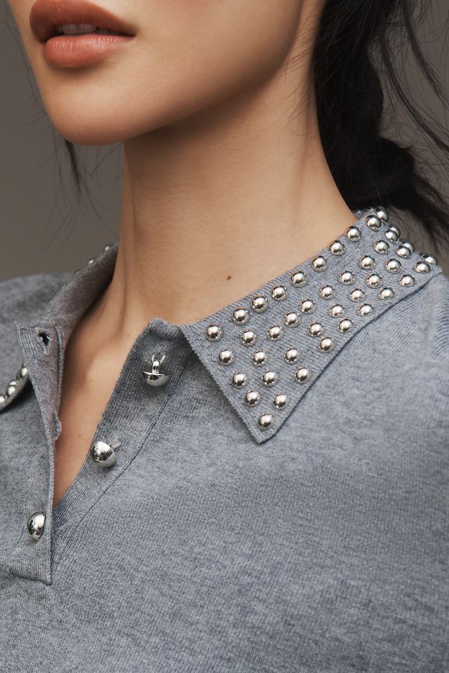 Central Park West x Anthropologie Studded-Collar Polo Sweater #4