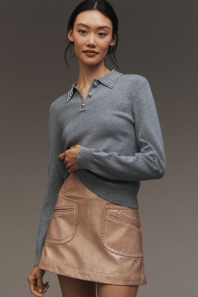 Central Park West x Anthropologie Studded-Collar Polo Sweater #1