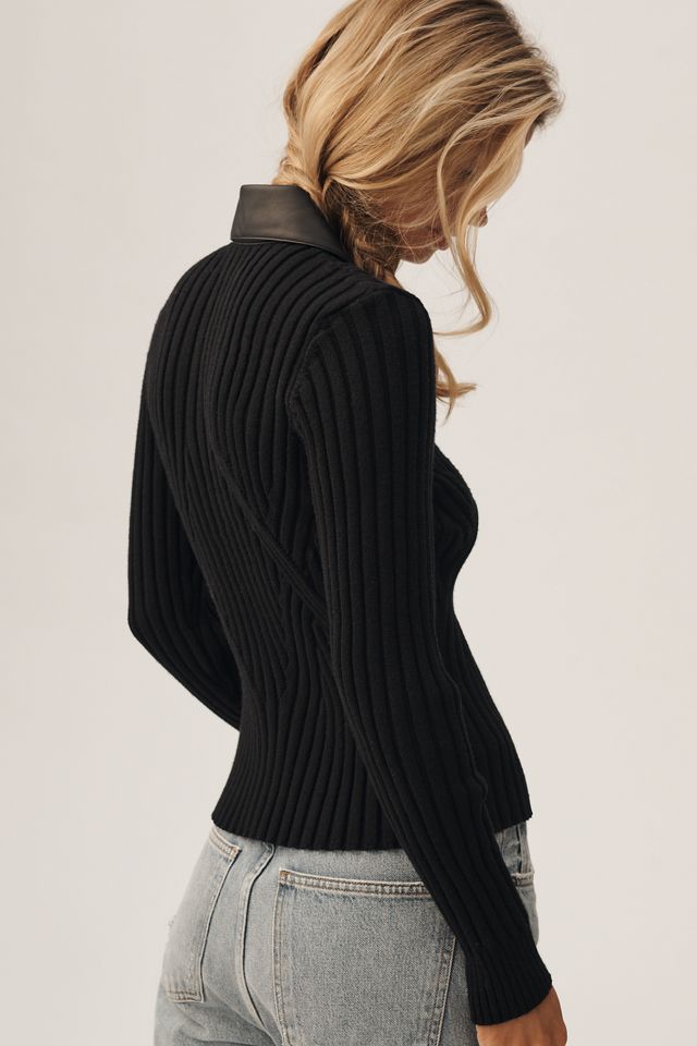 Central Park West Milan Faux Leather Trim Cardigan Sweater #1