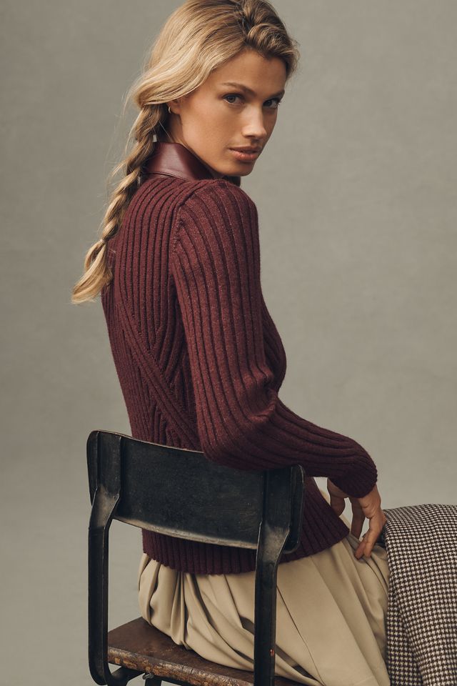 Central Park West Milan Faux-Leather Trim Cardigan Sweater #1