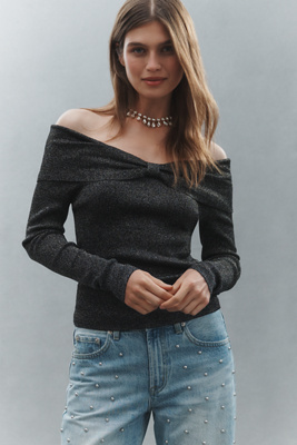 Central Park West Off-shoulder Ribbed Lurex Sweater In Black