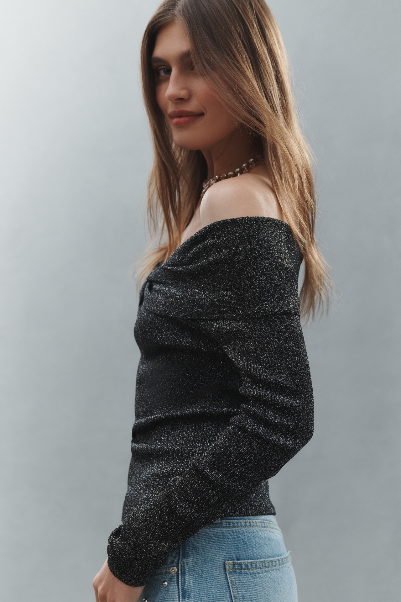 Central Park West Off-Shoulder Ribbed Lurex Sweater
