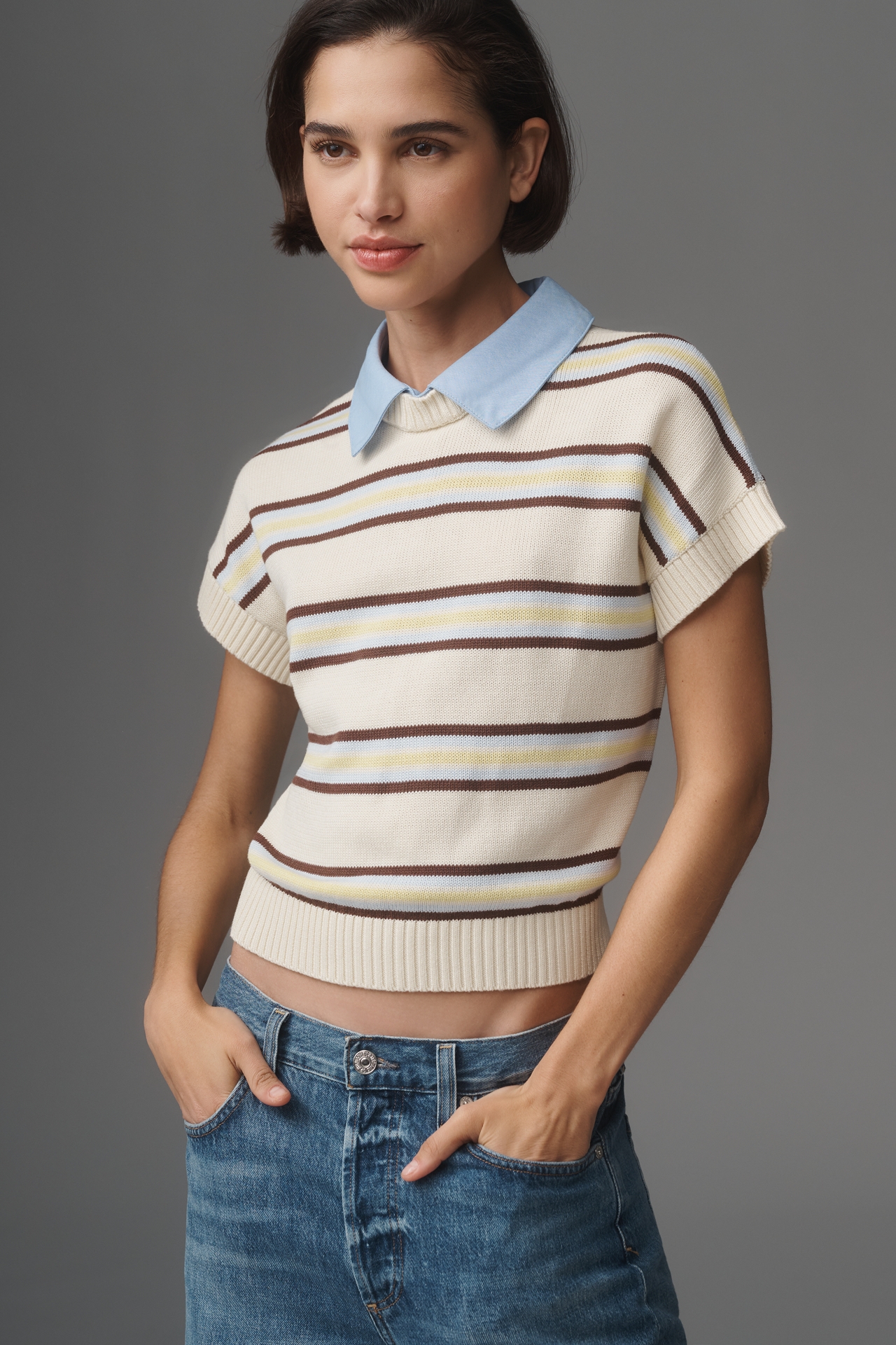Central Park West Chloe Oxford Short-Sleeve Sweater