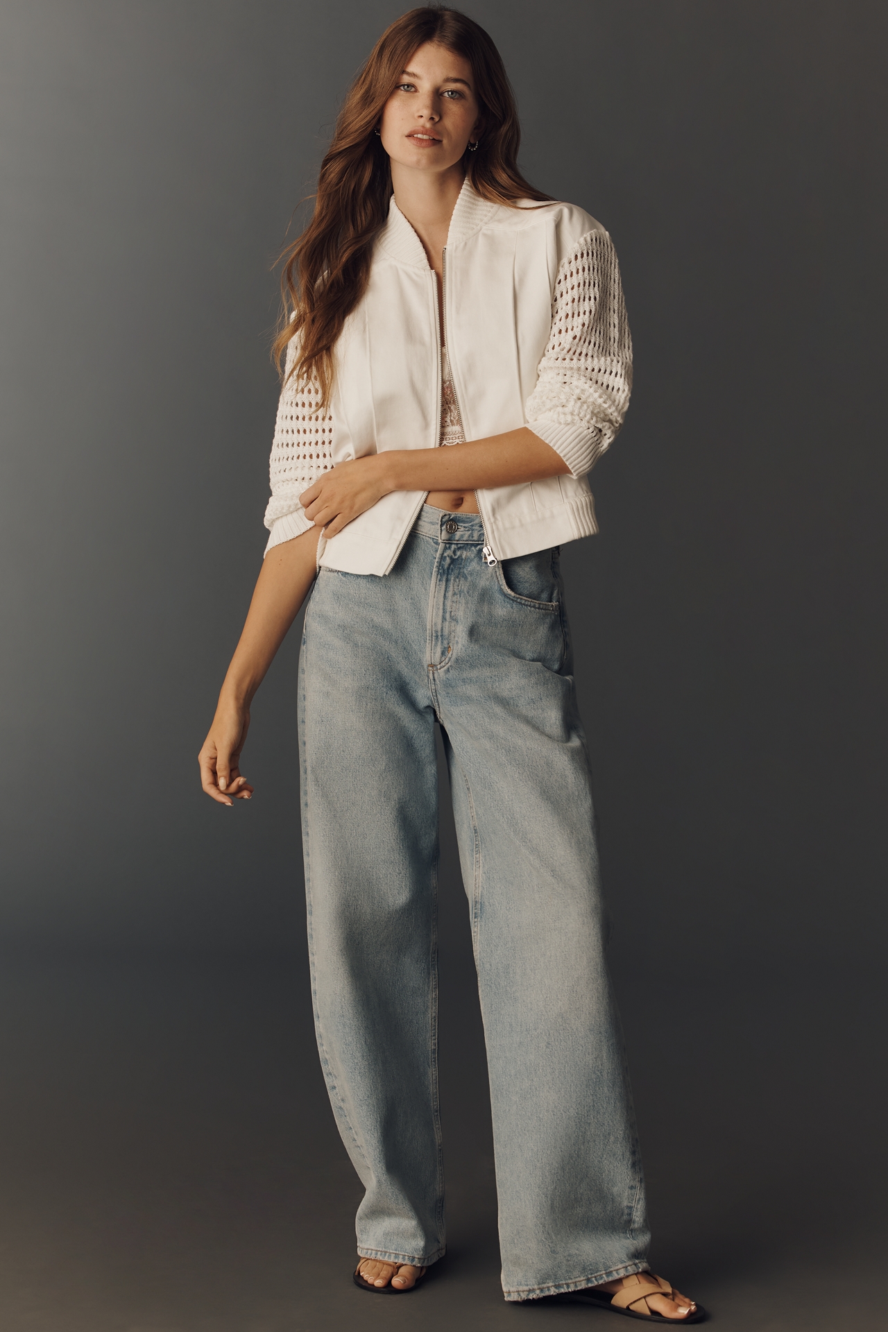 Central Park West Goldie Sweater-Sleeve Pleated Bomber Jacket