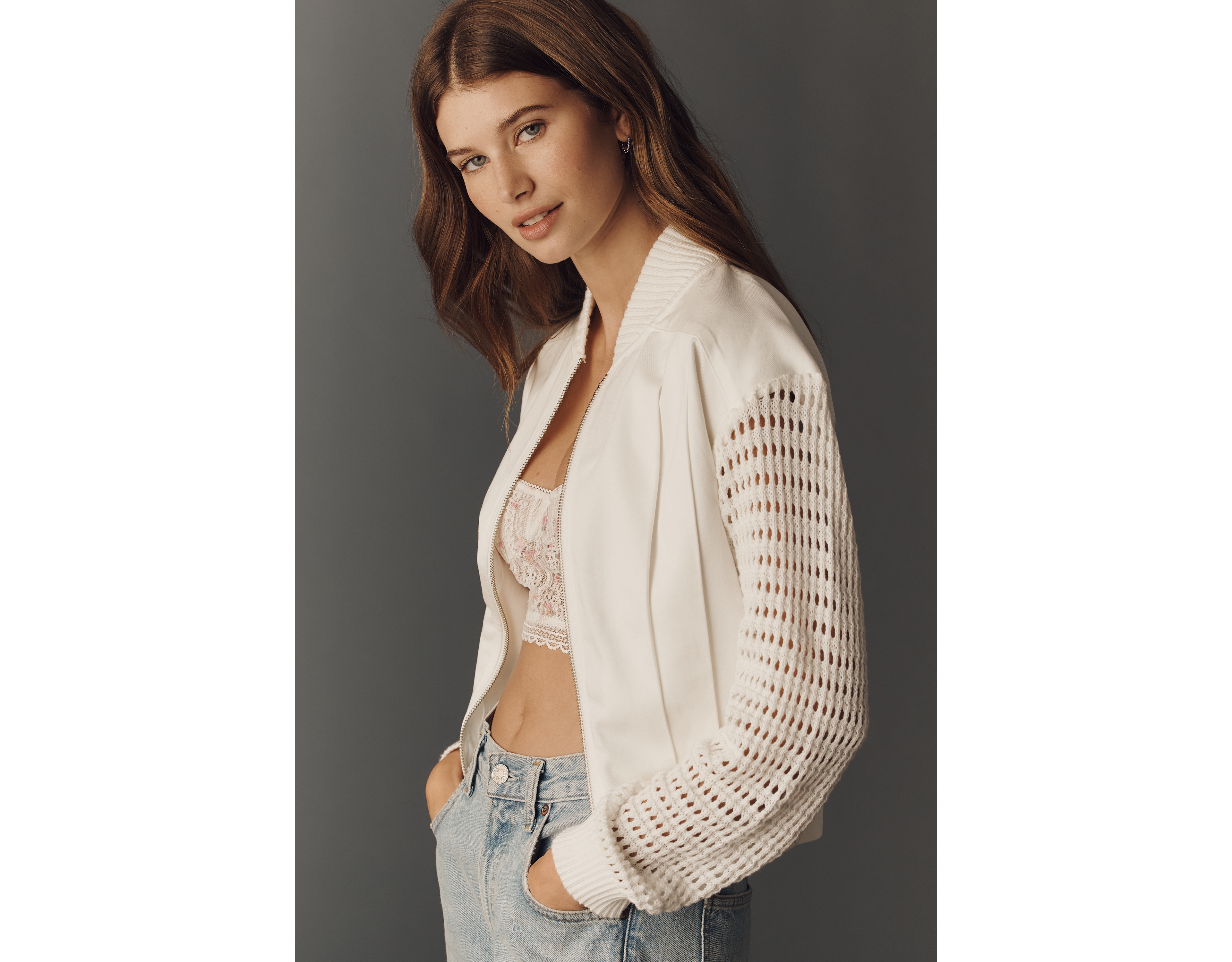 Central Park West Goldie Sweater-Sleeve Pleated Bomber Jacket