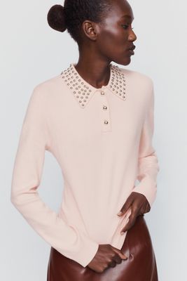 By Anthropologie Studded Long Sleeve Polo Shirt 