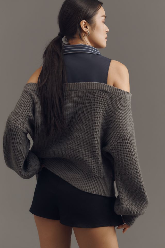 En Saison Off-Shoulder Sweater & Collared Shirt Twofer Top #1