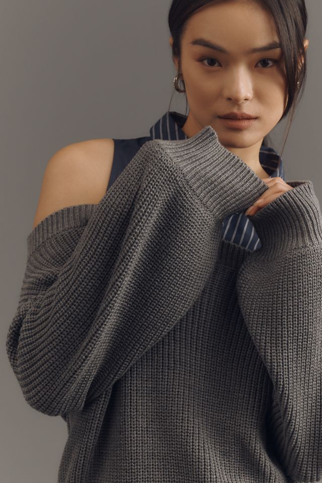 En Saison Off-Shoulder Sweater & Collared Shirt Twofer Top #3