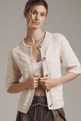 Sanctuary Elbow-sleeve Textured Cardigan Sweater In Beige