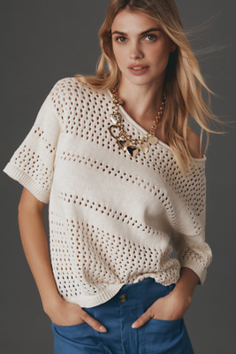 Sanctuary Stripe Open Stitch Elbow Sleeve Cotton Sweater