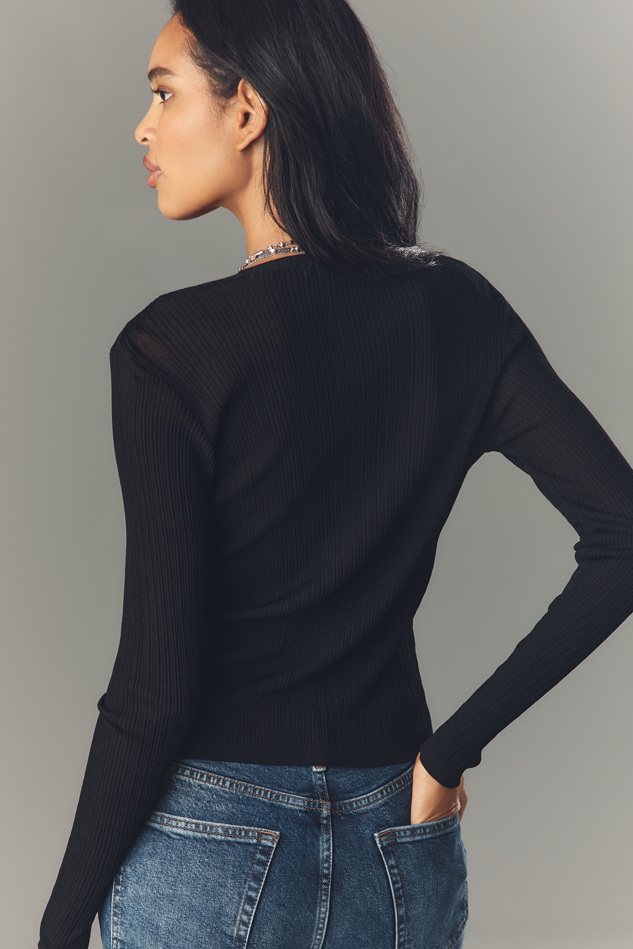 Sanctuary Ribbed Crew-Neck Cardigan Sweater