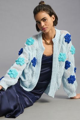 Anthropologie, Sweaters, Anthropologie Hwr Blue Monogram Mavales Flower  Crew Neck Pullover Sweater L