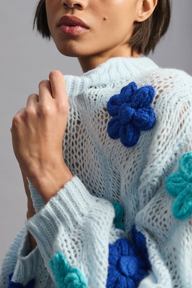 Anthropologie, Sweaters, Anthropologie Hwr Blue Monogram Mavales Flower  Crew Neck Pullover Sweater L
