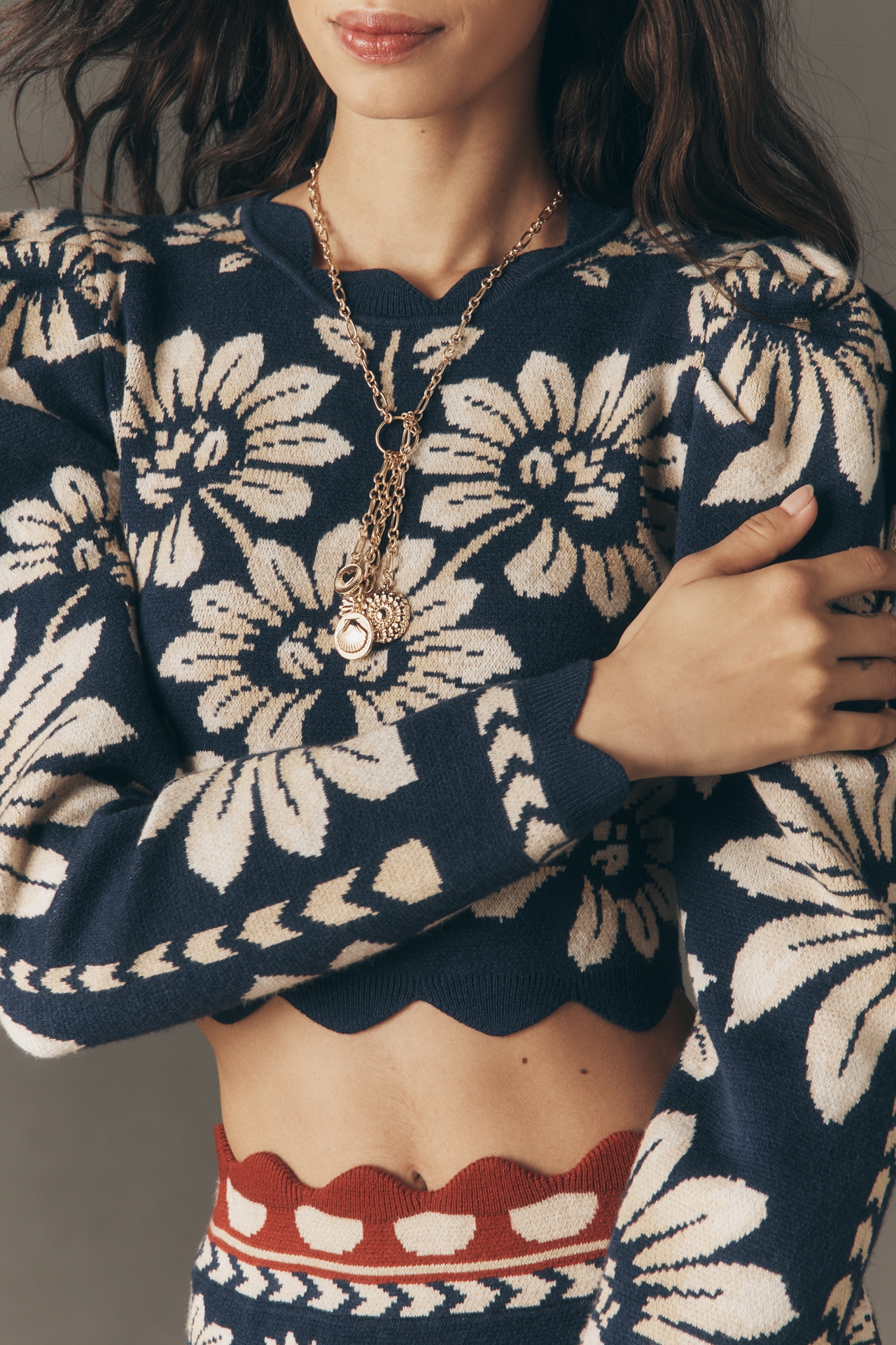 Farm Rio Luna Puff-Sleeve Crop Sweater