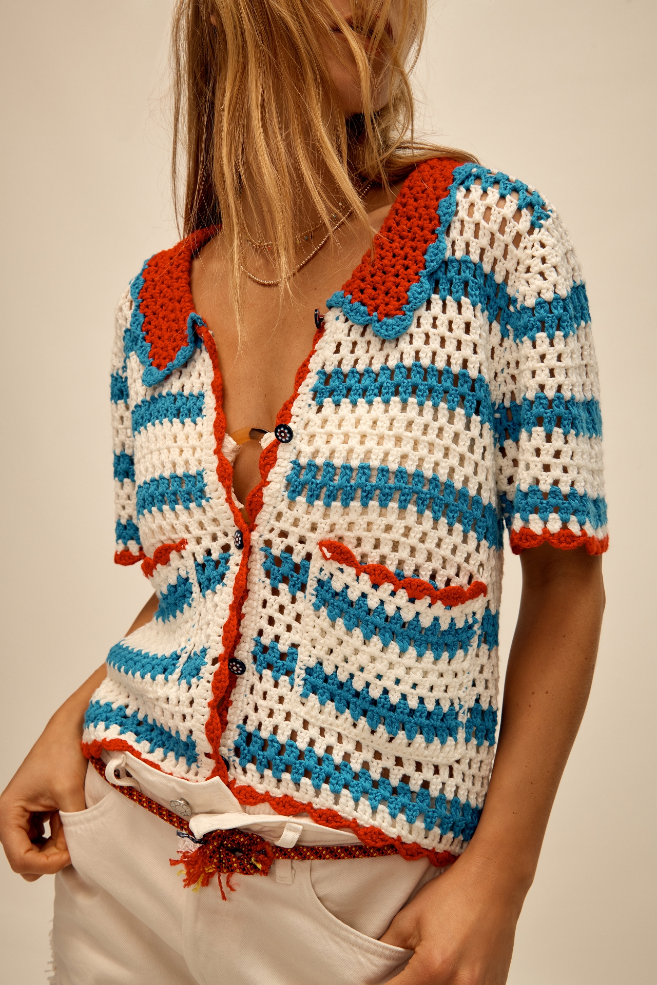 Hunter Bell Short-Sleeve Crochet Polo Cardigan Sweater