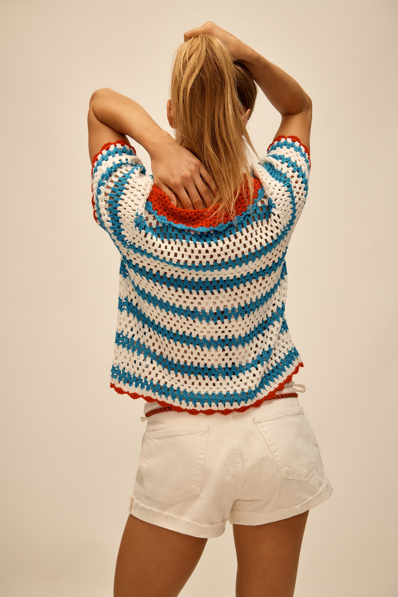 Hunter Bell Short-Sleeve Crochet Polo Cardigan Sweater