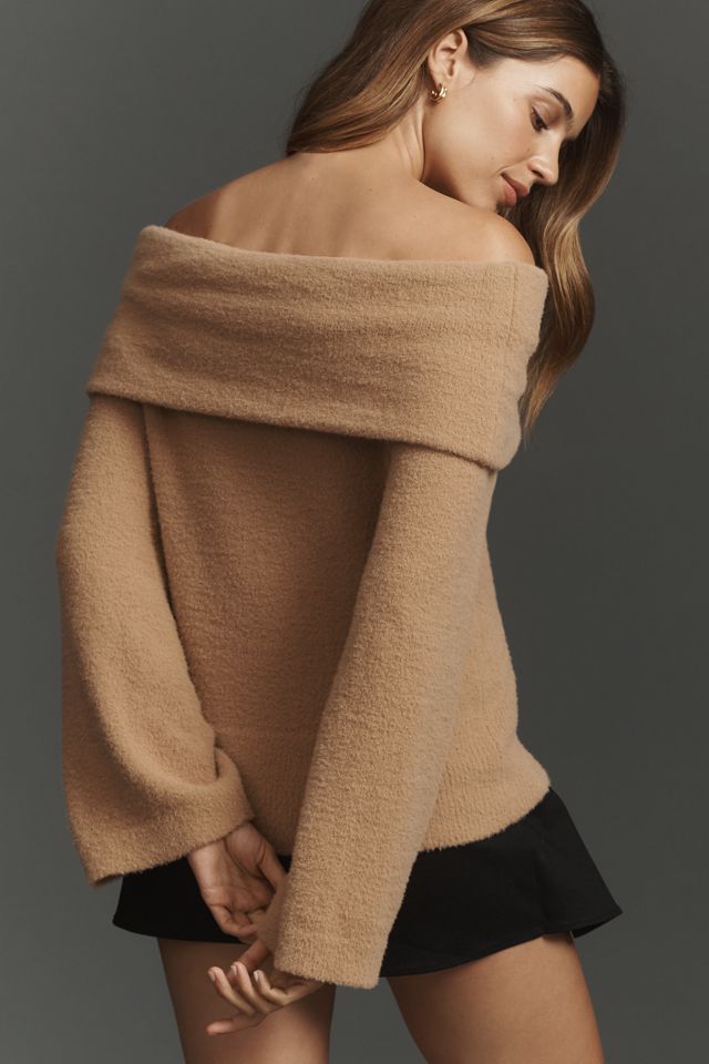 Flat White Off-The-Shoulder Long-Sleeve Foldover Sweater #1
