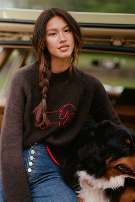 Flat White Mock-Neck Embroidered Dog Icon Sweater product page