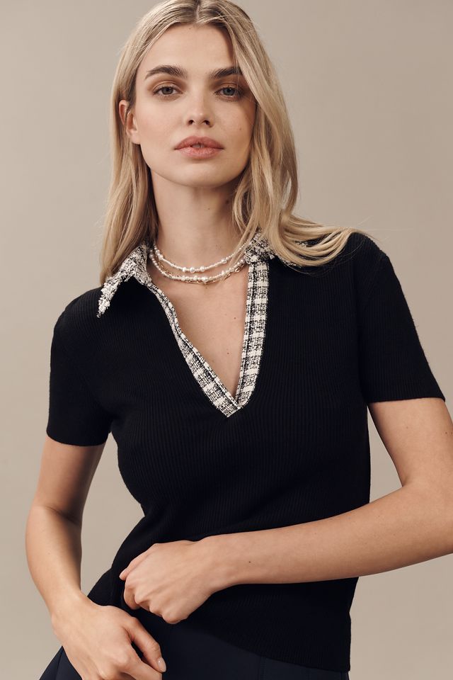 Laundry by Shelli Segal Short-Sleeve Bouclé Collared Ribbed