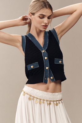 Laundry By Shelli Segal V-neck Pointelle Denim-trim Sweater Vest In Black