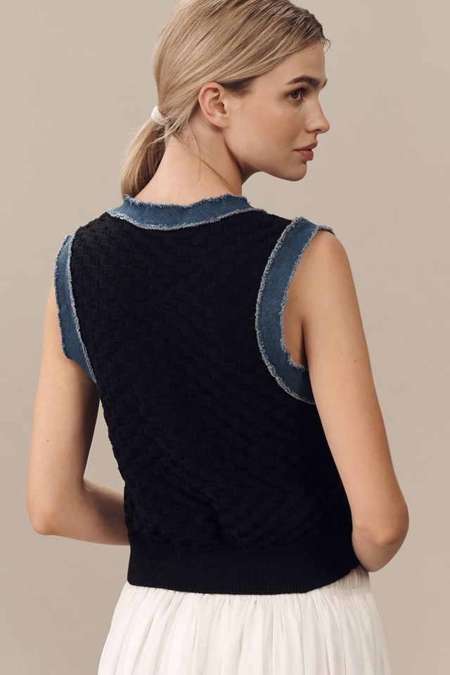 Laundry by Shelli Segal V-Neck Pointelle Denim-Trim Sweater Vest #1
