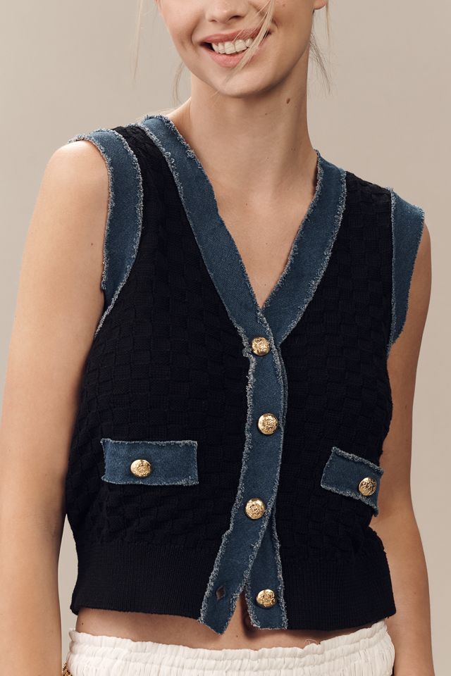 Laundry by Shelli Segal V-Neck Pointelle Denim-Trim Sweater