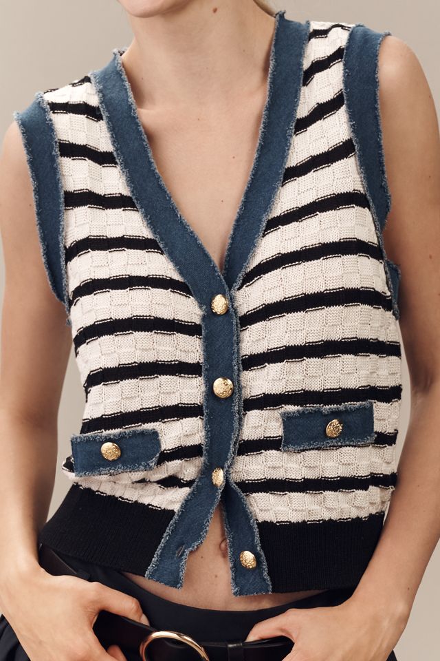 Laundry by Shelli Segal V-Neck Pointelle Denim-Trim Sweater Vest #3