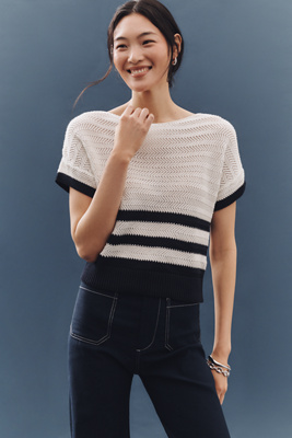 Ellen Tracy Dolman-sleeve Open-stitch Striped Sweater In Blue