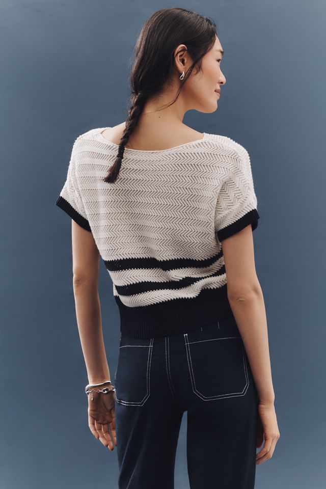Ellen Tracy Dolman-Sleeve Open-Stitch Striped Sweater #1