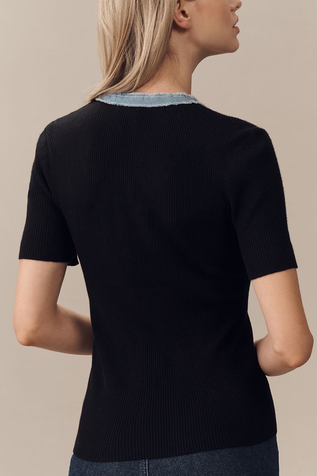 Ellen Tracy Short-Sleeve V-Neck Mixed Media Ribbed Sweater #1