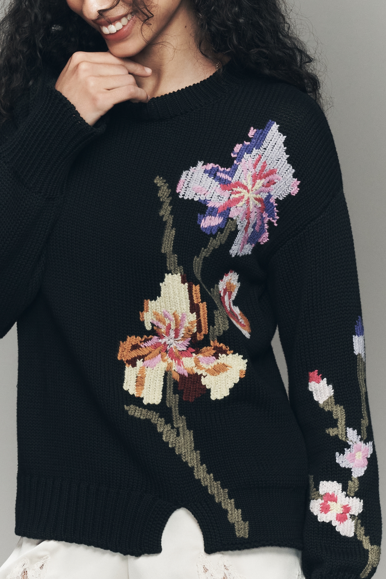 Ellen Tracy Crew-Neck Floral Sweater