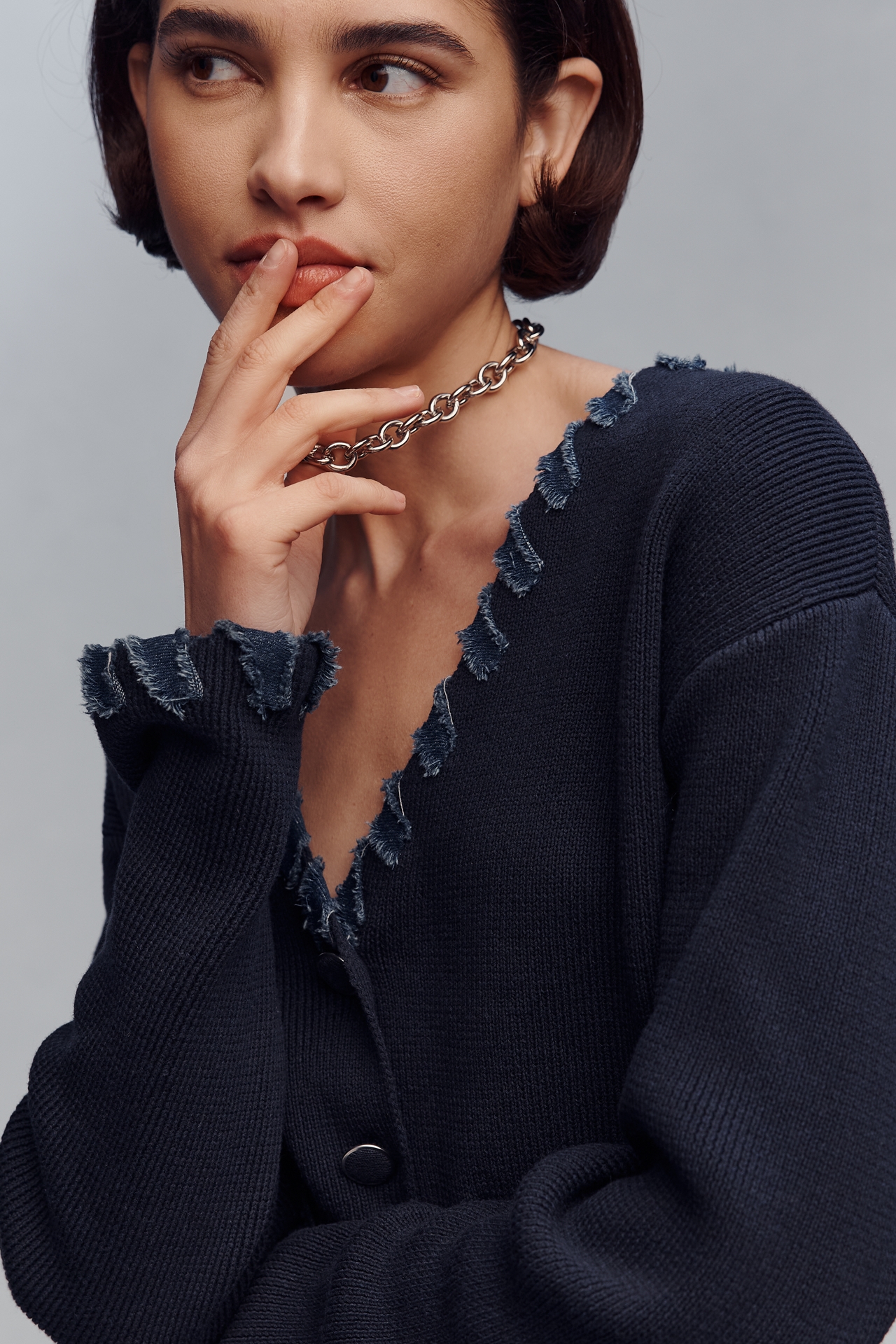 NVLT Denim-Trim V-Neck Cardigan Sweater