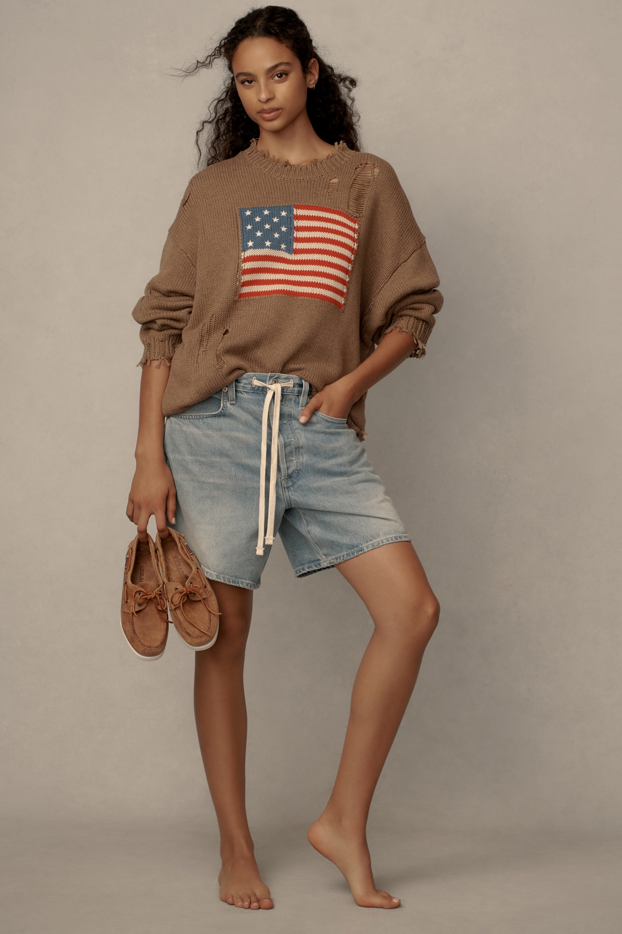 Denimist Crew-Neck American Flag Distressed Sweater