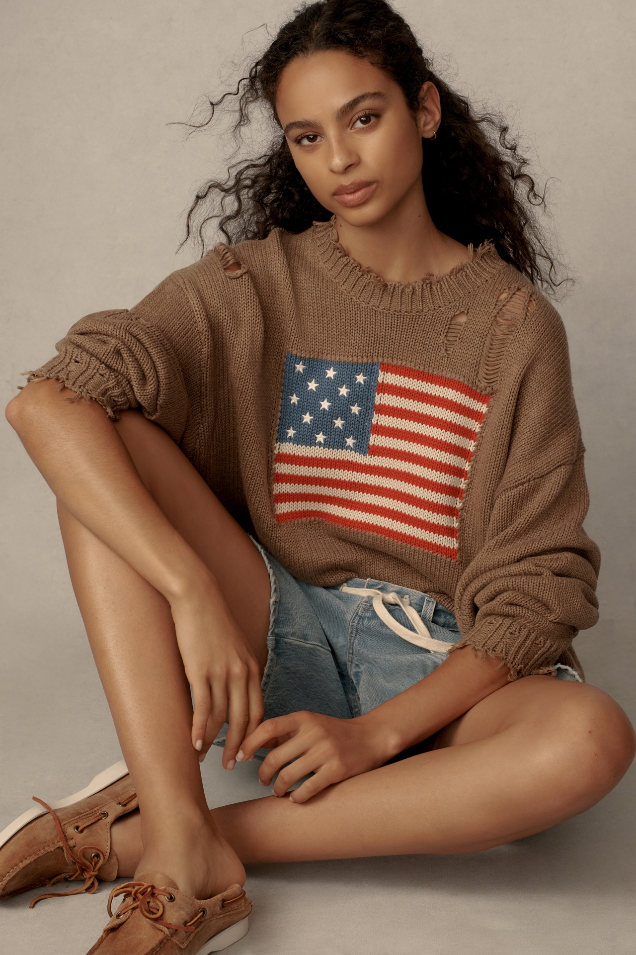 Denimist Crew-Neck American Flag Distressed Sweater