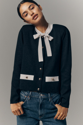 Retroféte Virginie Neck-tie Cardigan Sweater In Blue