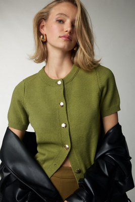 Maeve Short-sleeve Crew-neck Cardigan Sweater In Green