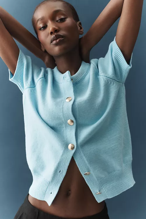 Maeve Short-Sleeve Crew-Neck Cardigan Sweater