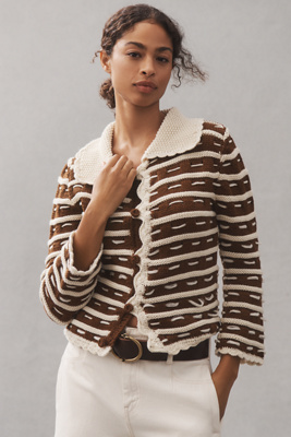 Mandinga Scallop Collared Wool Cardigan Sweater In Brown