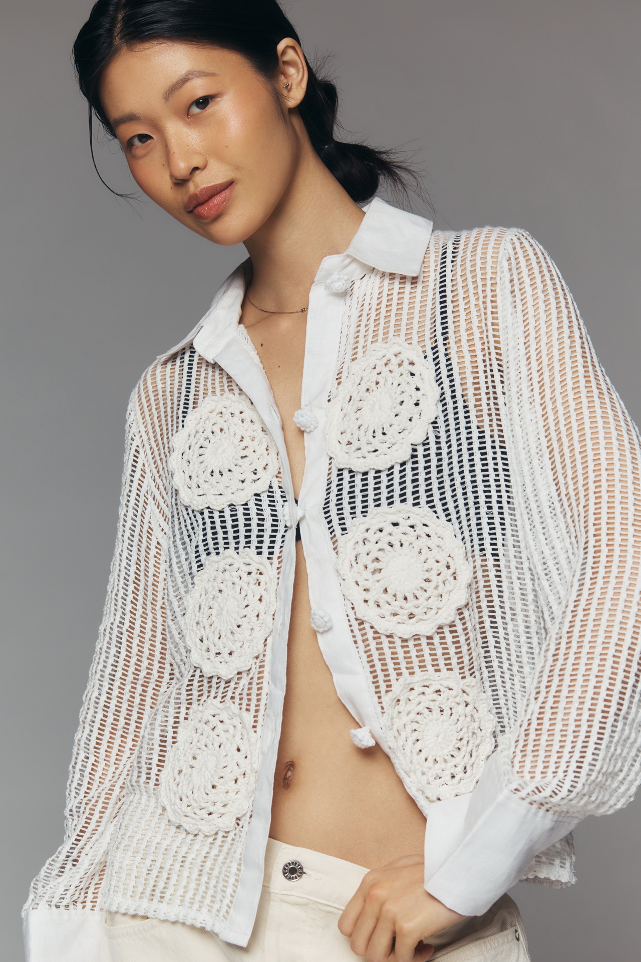 Mandinga Sweet Knit Sheer Appliqué Cardigan