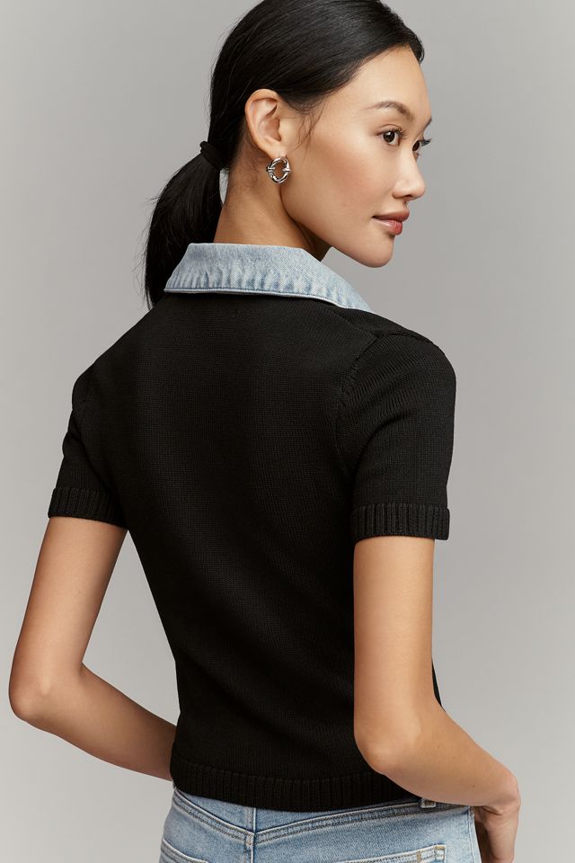 SER.O.YA Denim-Collar Short-Sleeve Sweater #1