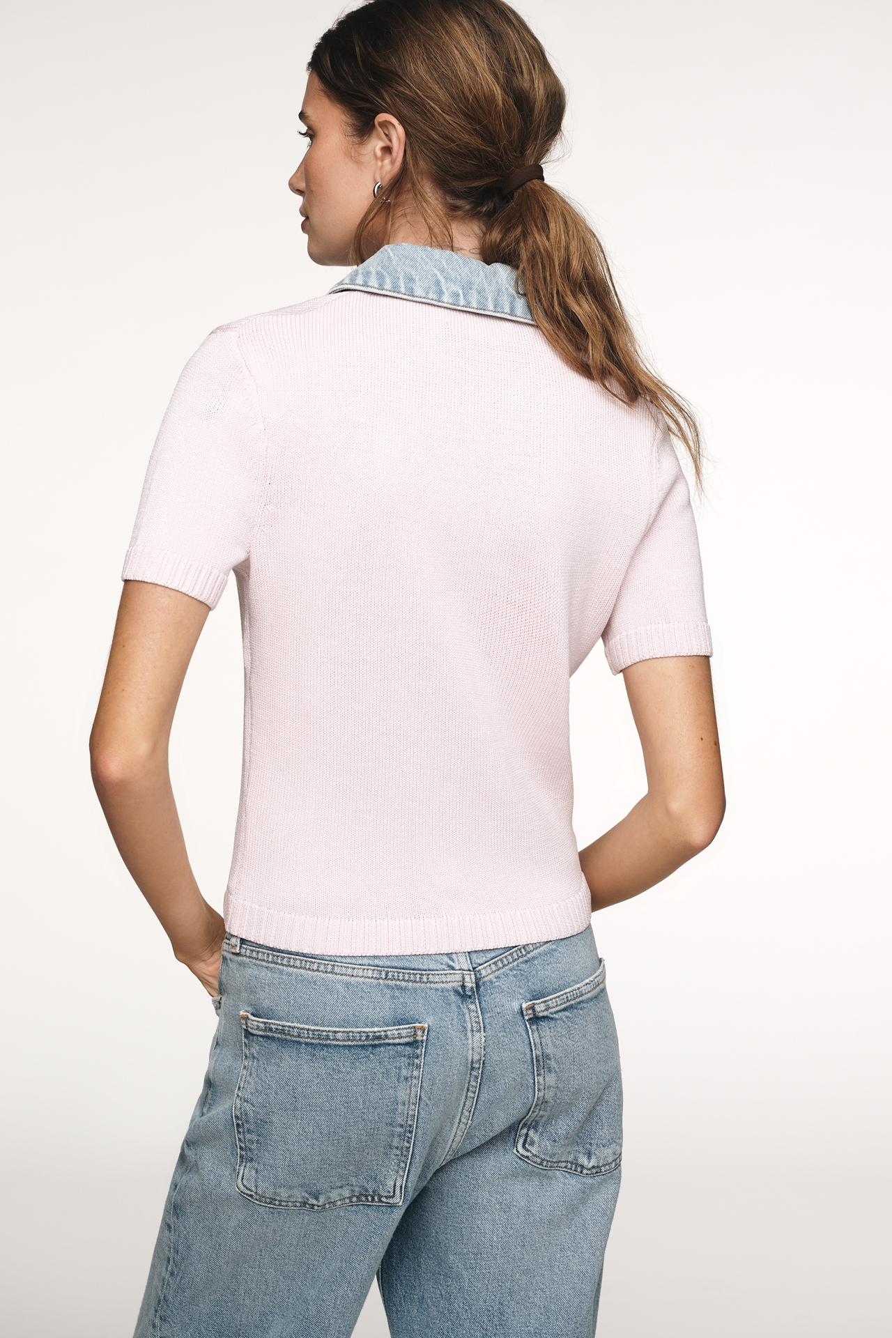 SER.O.YA Denim-Collar Short-Sleeve Sweater