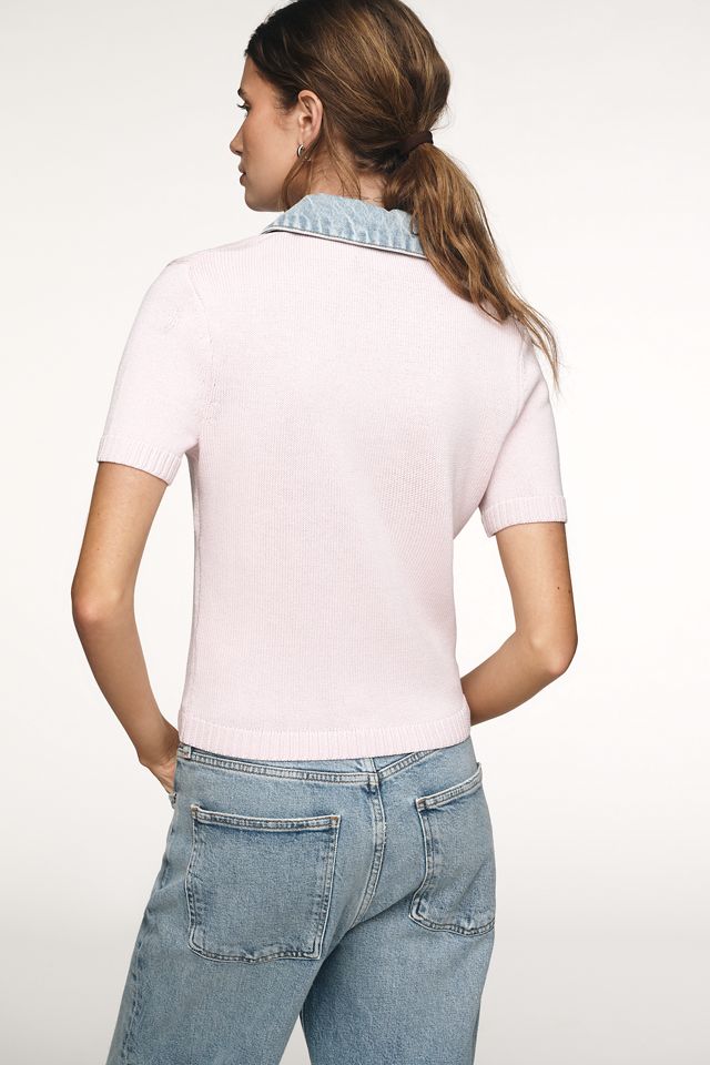 SER.O.YA Denim-Collar Short-Sleeve Sweater #1