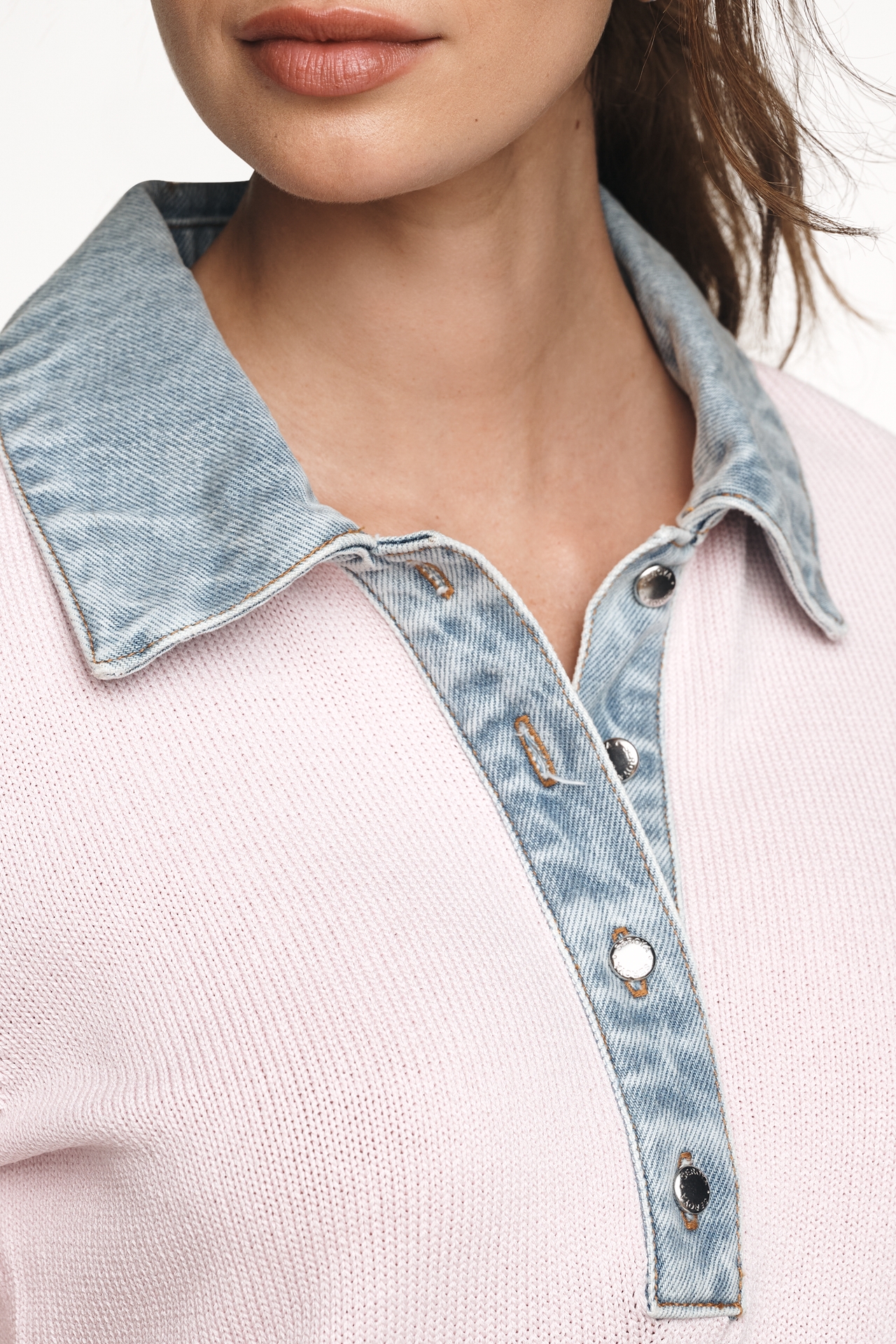 SER.O.YA Denim-Collar Short-Sleeve Sweater