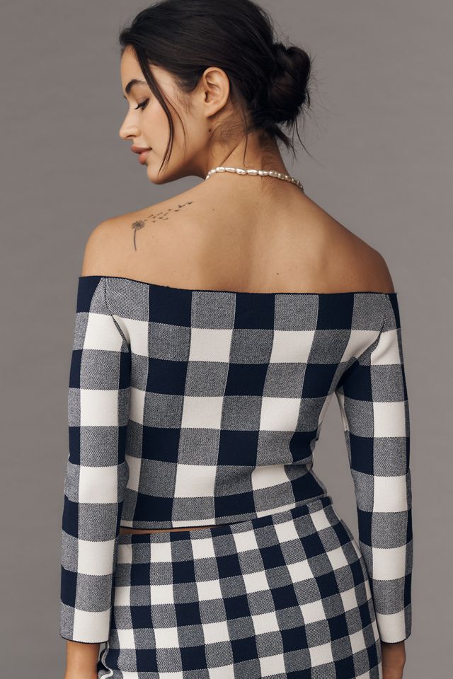 SER.O.YA Off-the-Shoulder Gingham Pullover Sweater #1
