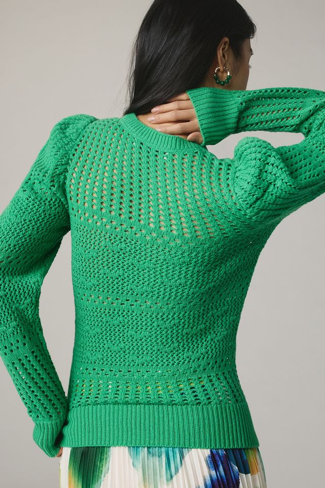 Joie Deja Puff-Sleeve Crochet Open-Stitch Sweater #1