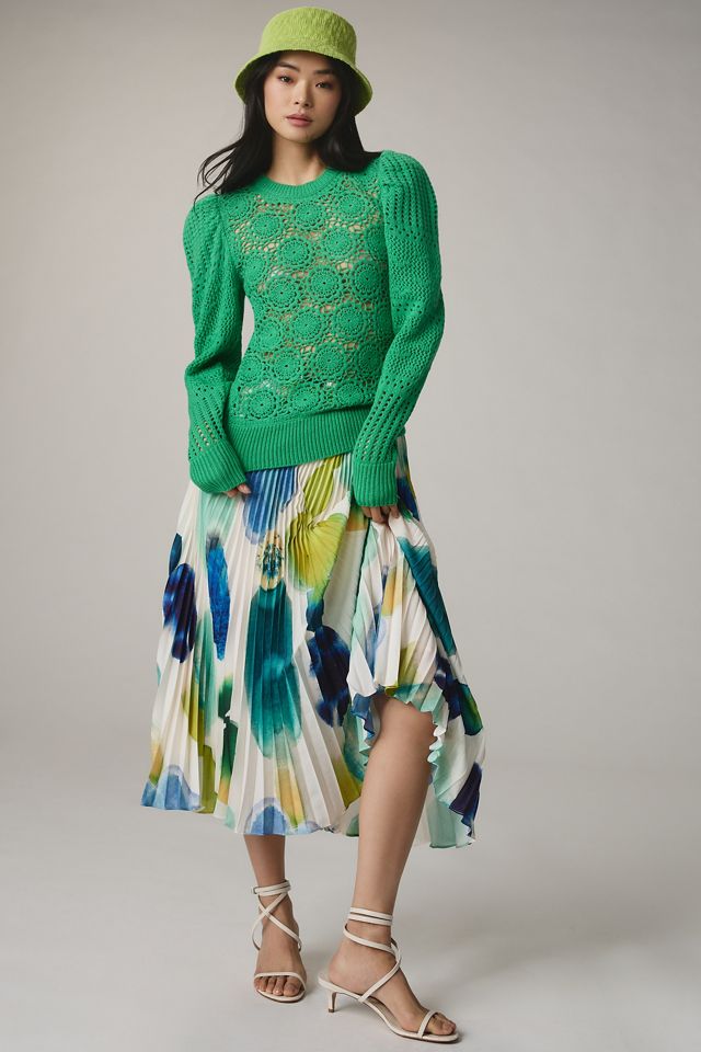 Joie Deja Puff-Sleeve Crochet Open-Stitch Sweater #2